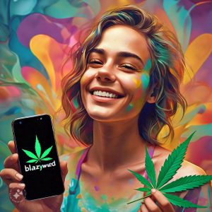 Blazyweed delivery person holding a cannabis leaf and smartphone with a happy background