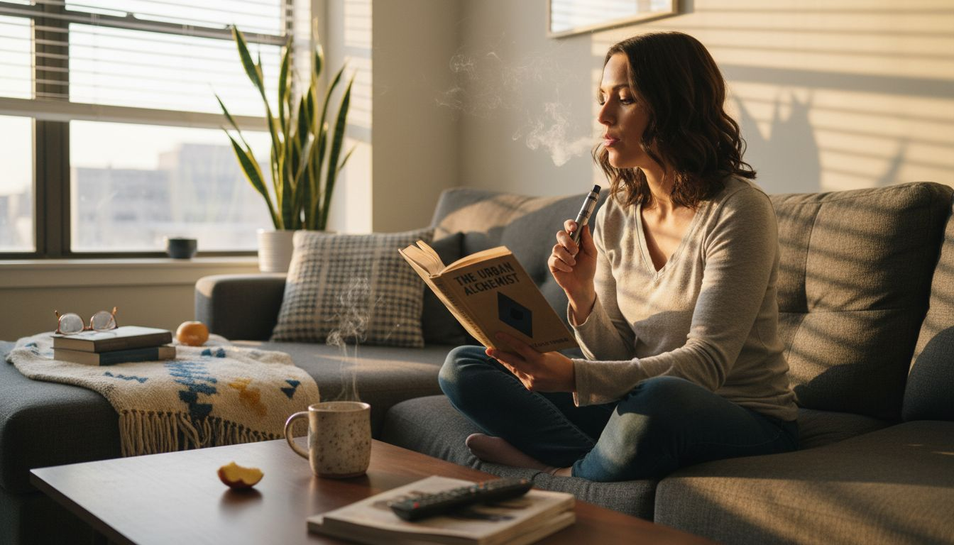 Woman vaping at home in evening light