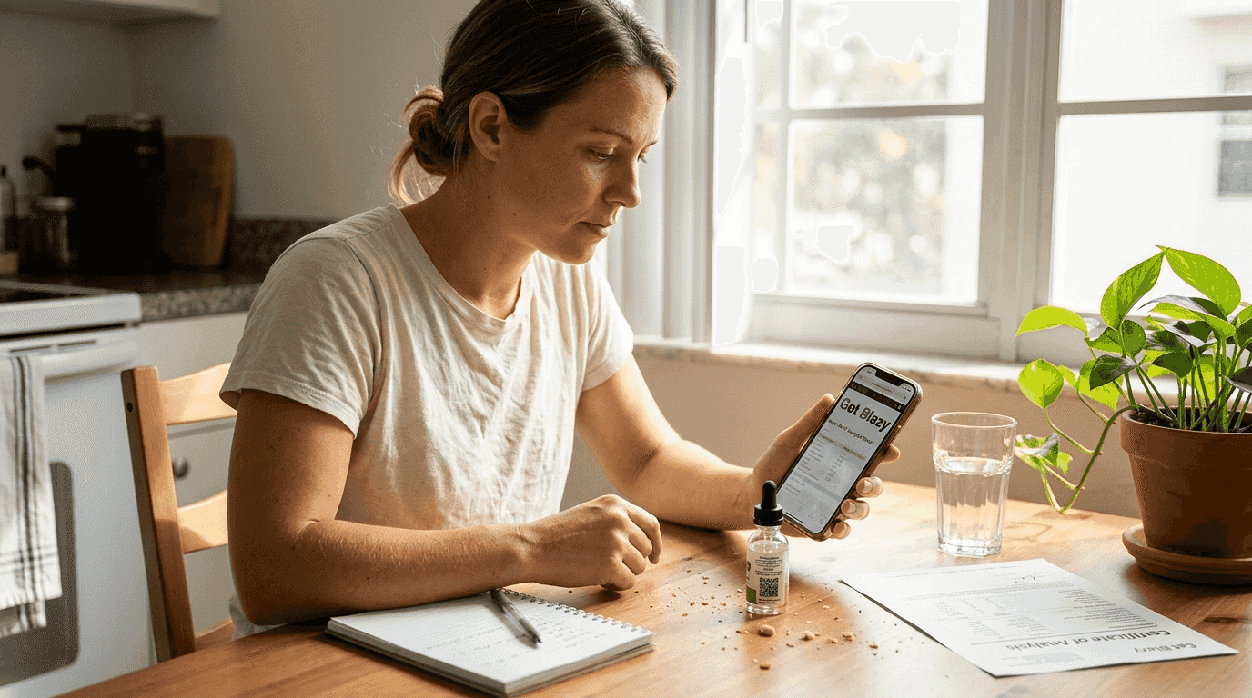 Woman checking CBD label with phone