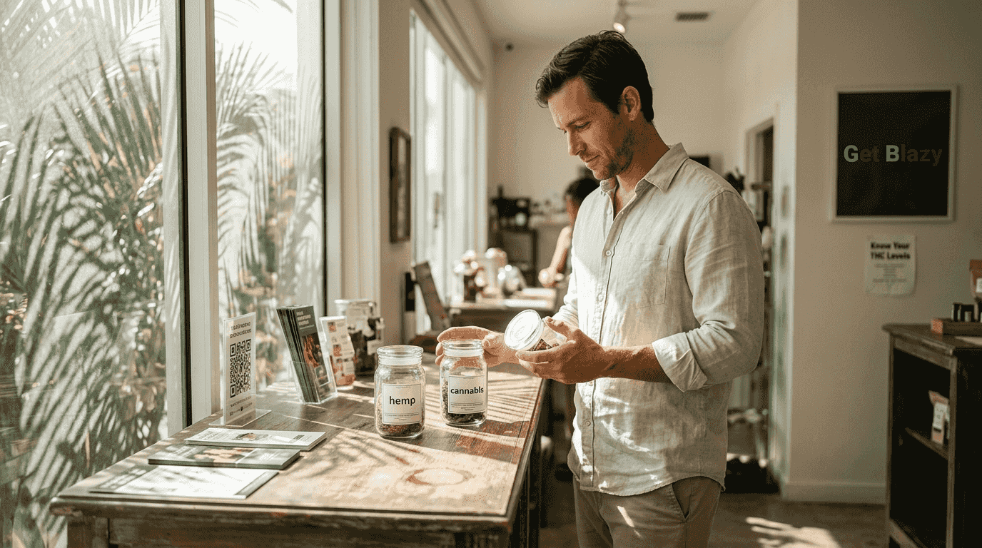 Shopper comparing hemp and cannabis products in Miami