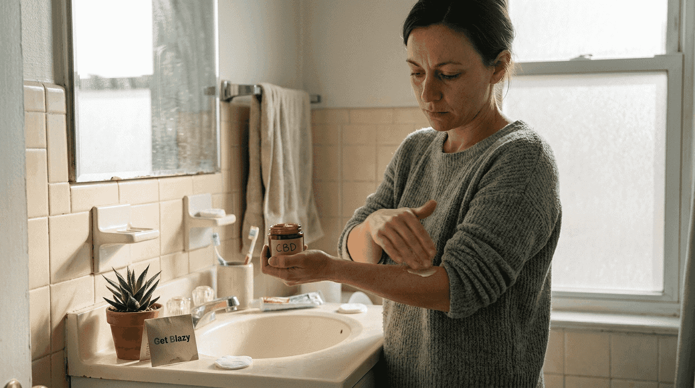 Woman applying CBD cream in home bathroom