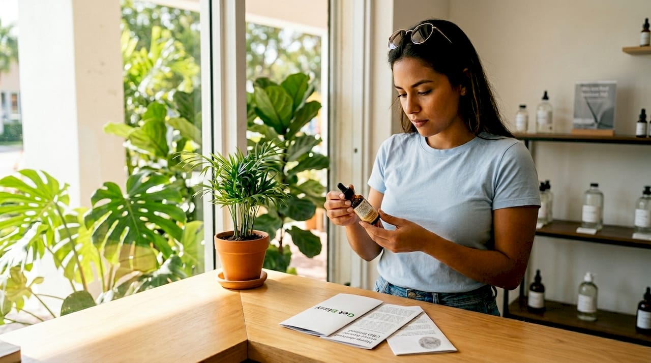 Miami customer examining hemp-derived CBD product