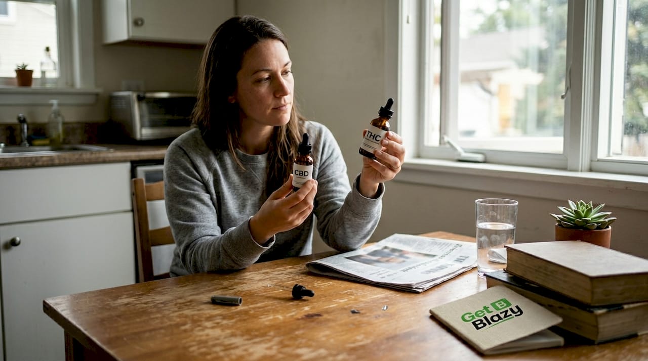 Woman comparing CBD and THC bottles in kitchen