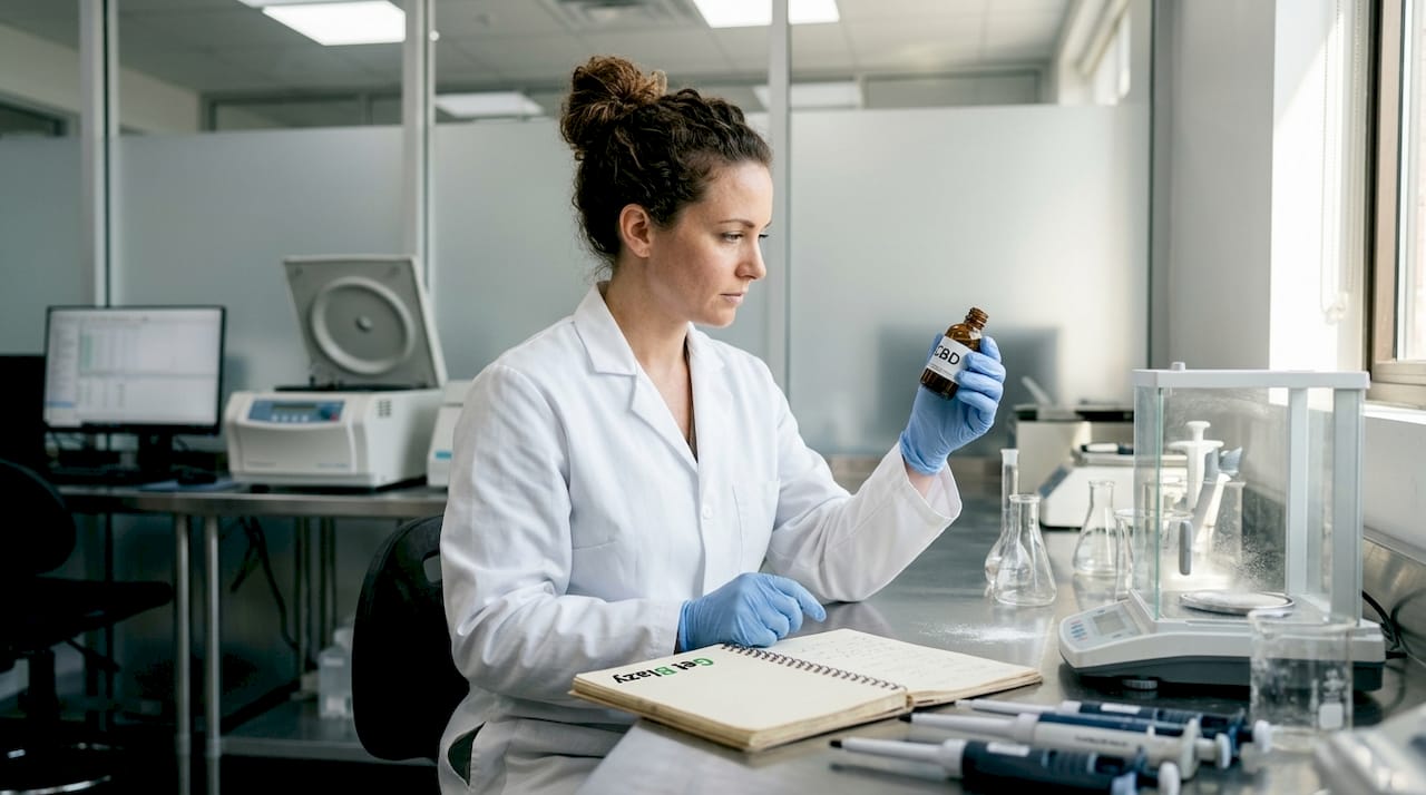 Lab technician analyzing CBD bottle in laboratory