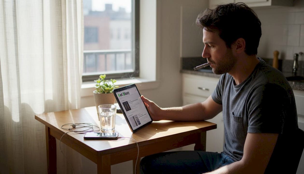 Man with CBD vape pen at kitchen table