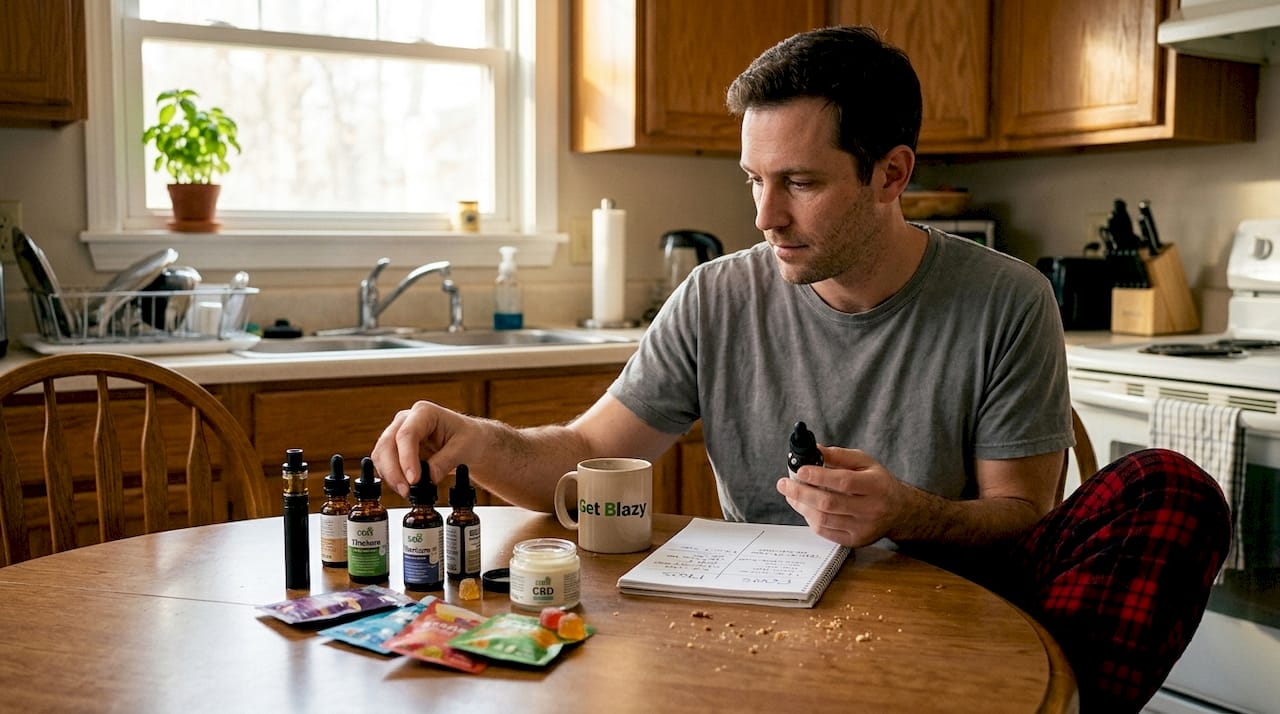 Person reviewing CBD products at kitchen table