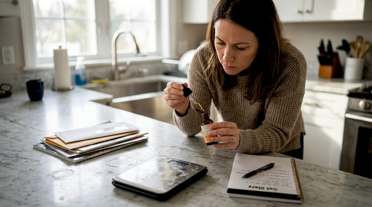Woman measuring CBD oil at kitchen counter