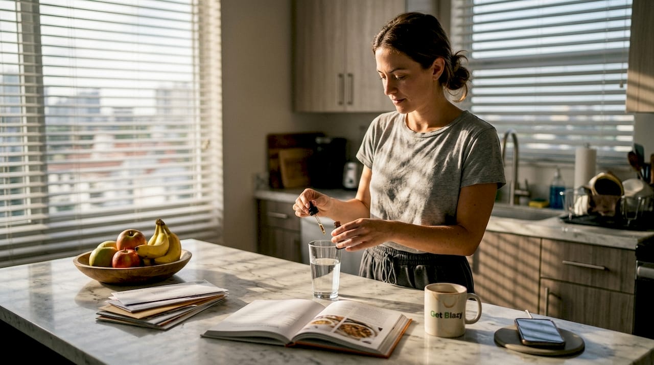 Woman taking CBD tincture in morning kitchen