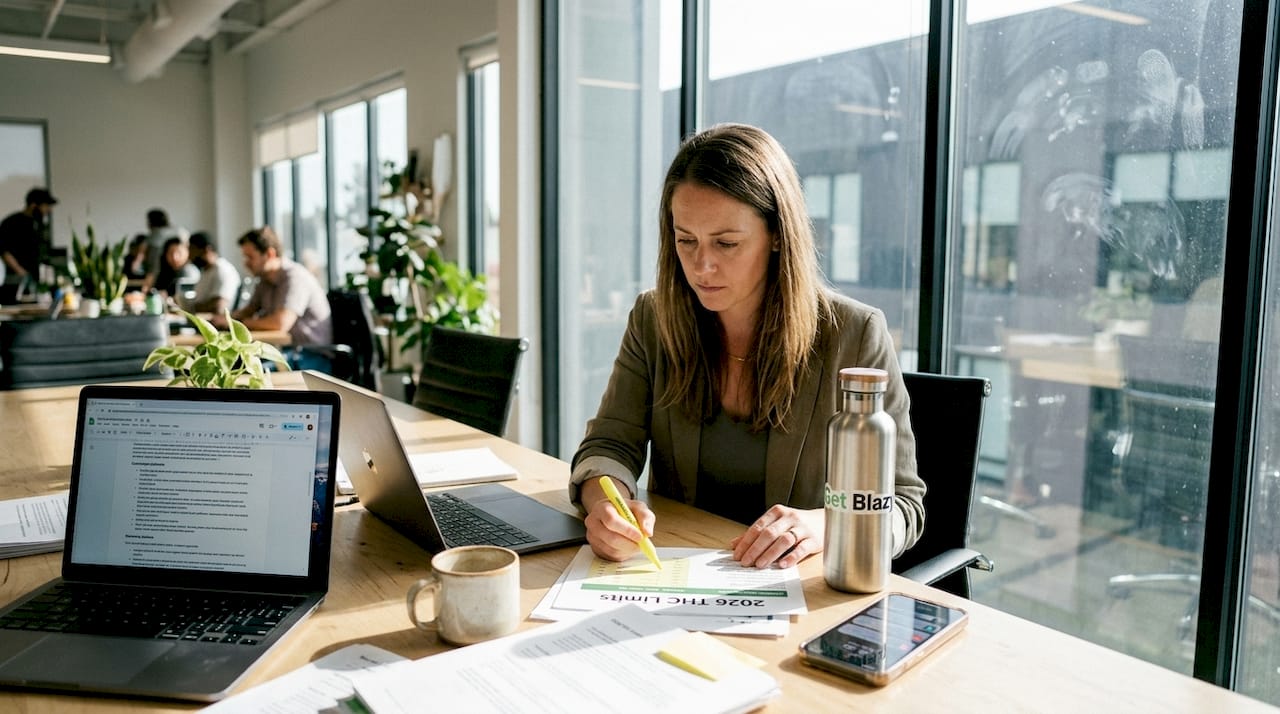 Compliance manager reviewing CBD regulations printouts