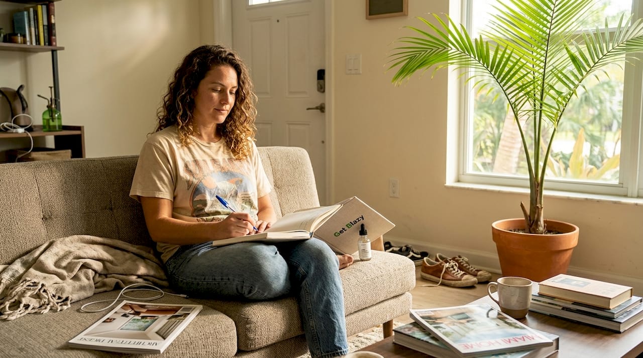 Woman tracking CBD wellness routine at home