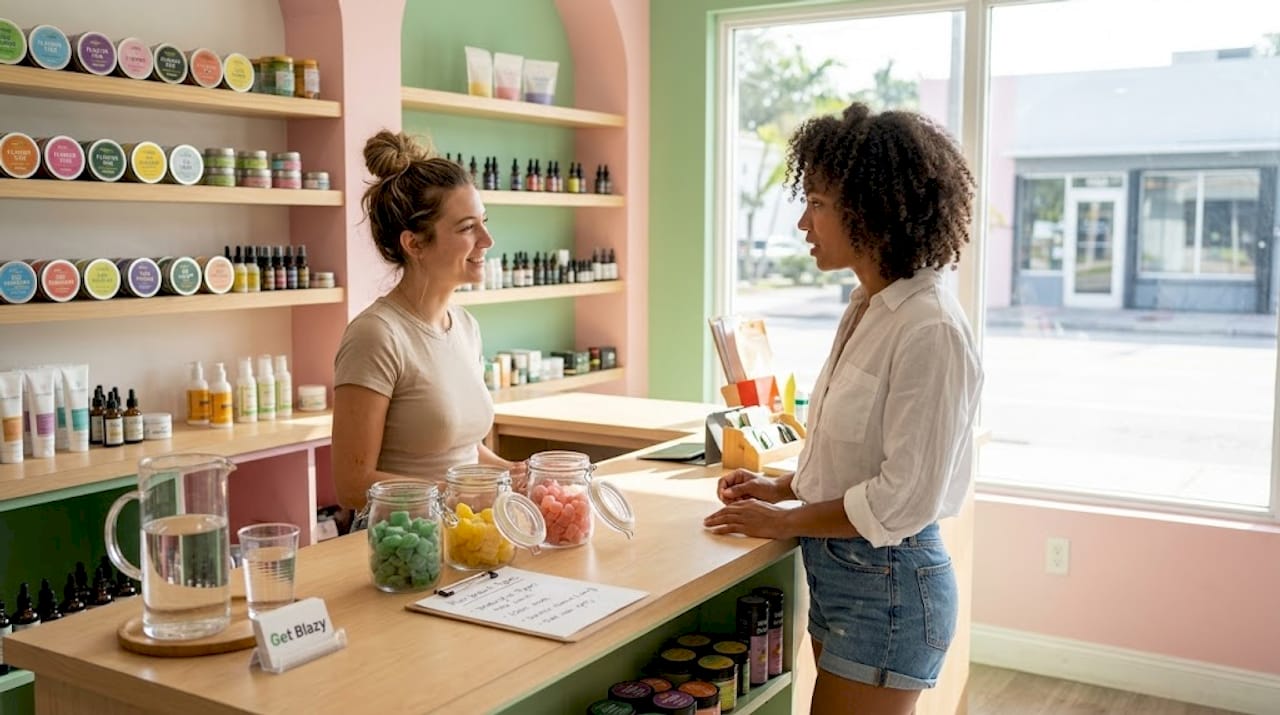 Miami CBD dispensary customer asking staff