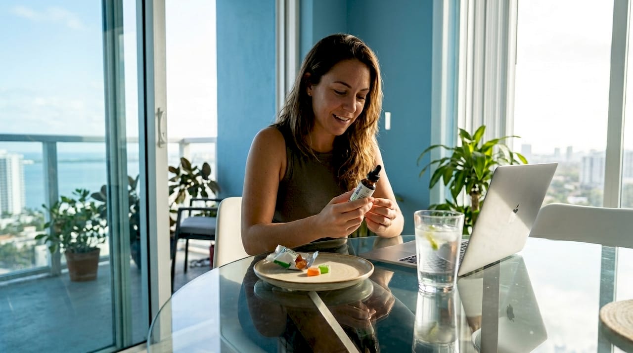 Woman reading CBD oil label at Miami dining table