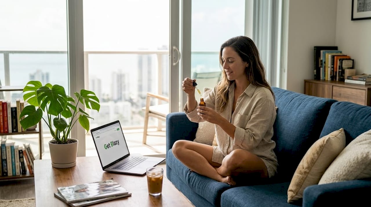 Woman using CBD oil in Miami apartment