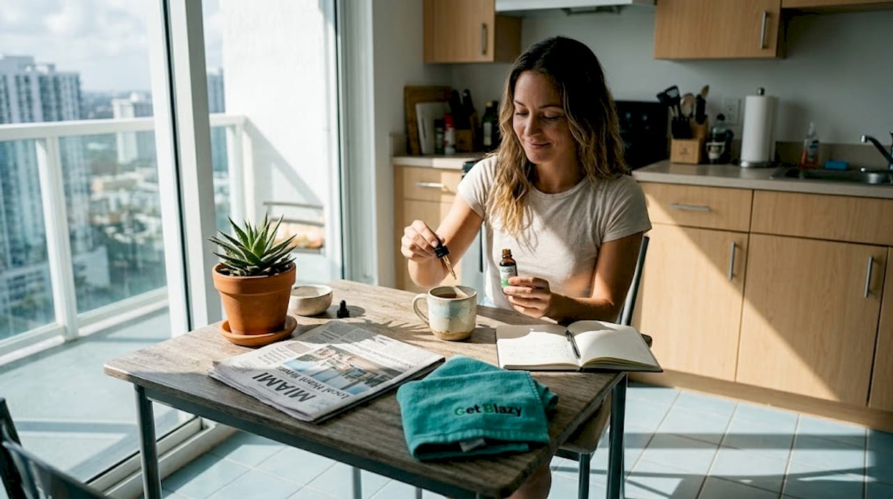 Woman using CBD oil in morning kitchen routine