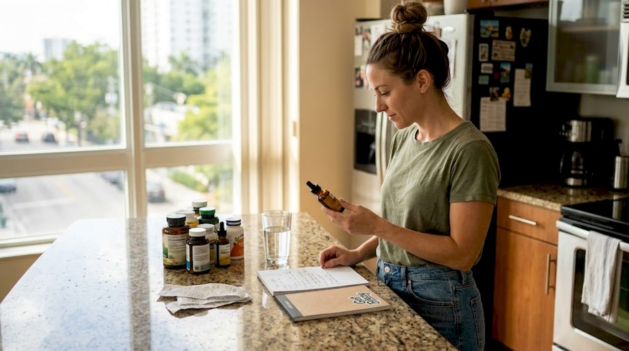 Woman examines CBD tincture bottle in kitchen