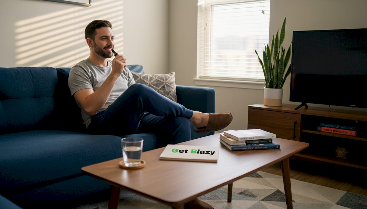 Man vaping CBD pen in casual living room