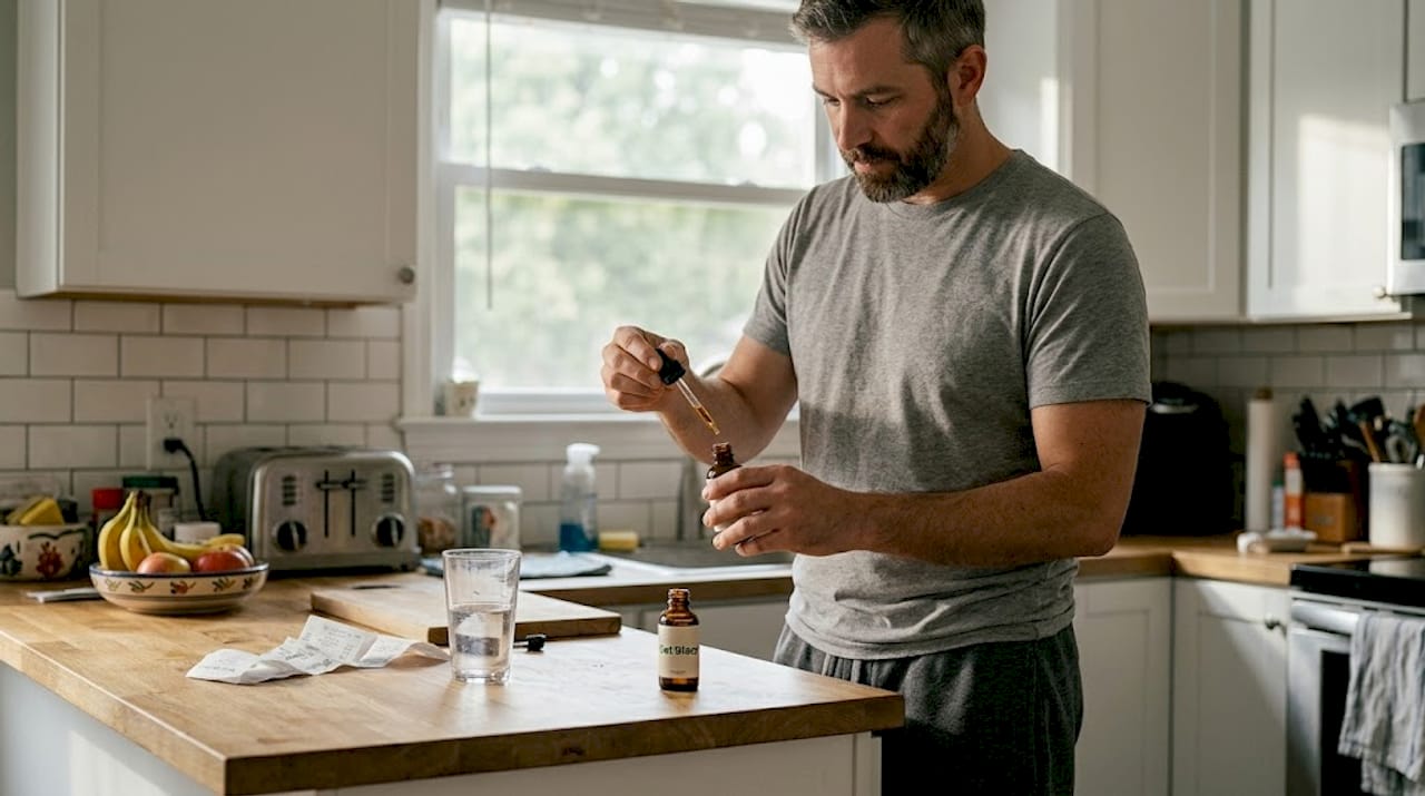 Man filling dropper from CBD oil bottle in kitchen