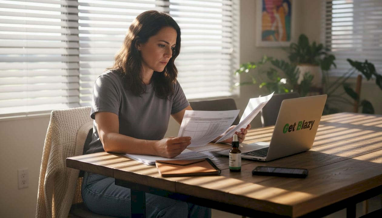 Woman checking CBD lab results at sunny table