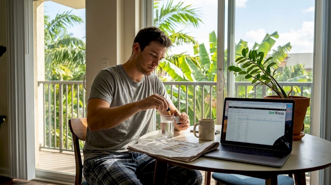 Young man using CBD oil at kitchen table