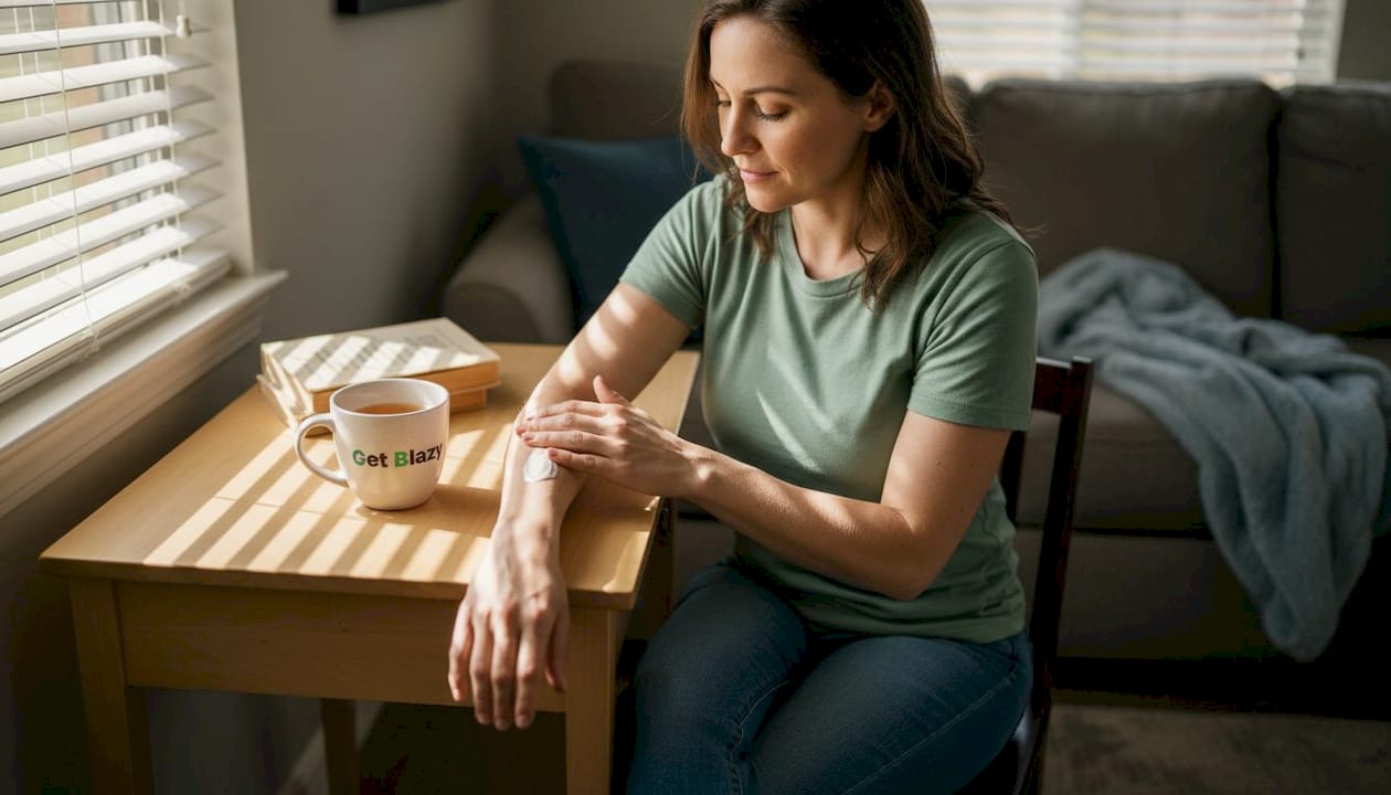 Woman applying CBD cream at wooden desk