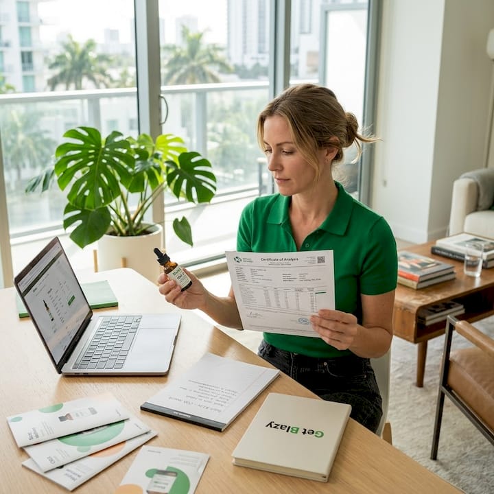 Consultant reviewing CBD product labels in apartment