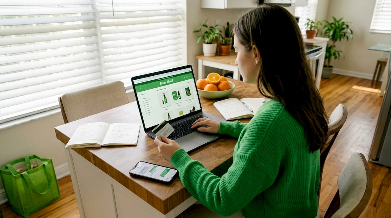 Woman researching CBD products at kitchen counter