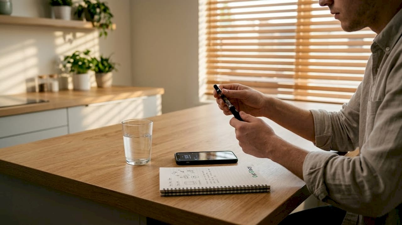Young adult attaching vape cartridge at kitchen island