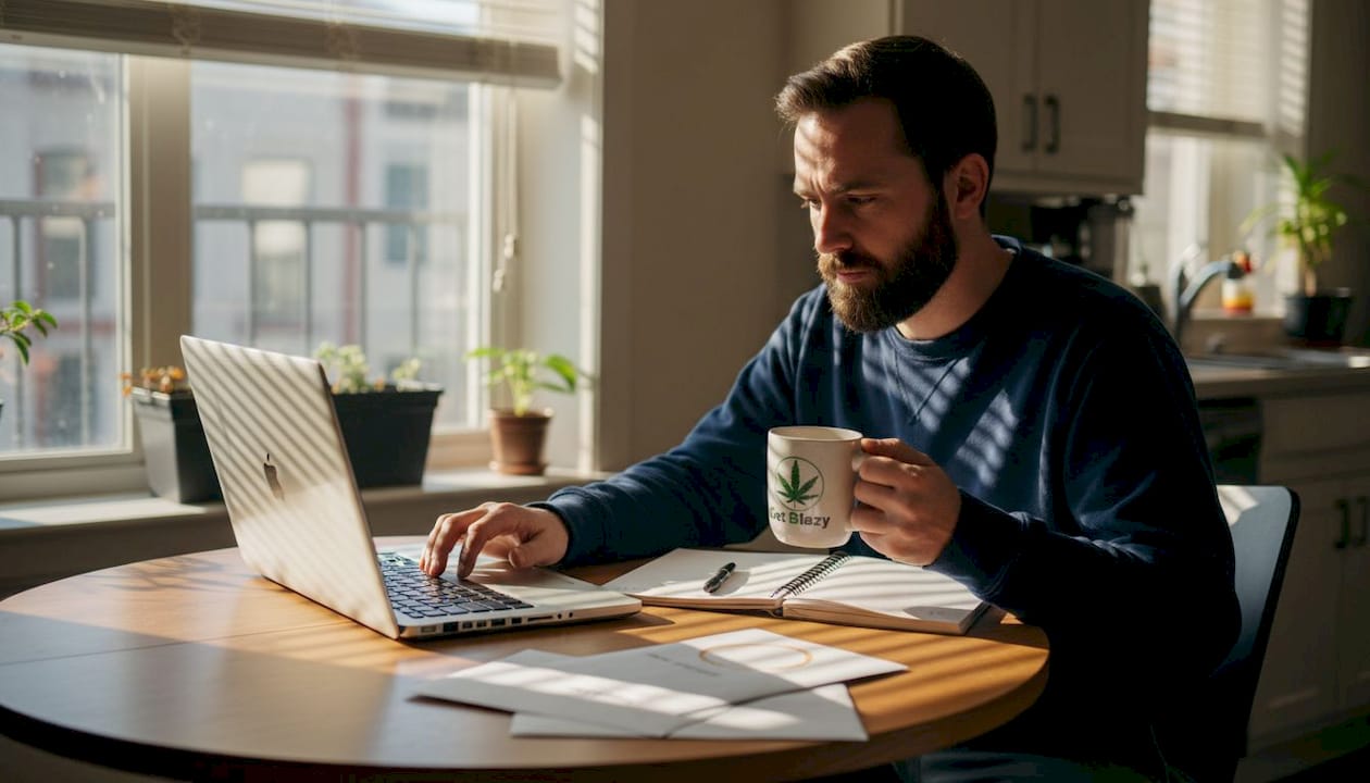 Man researching CBD legality at kitchen table