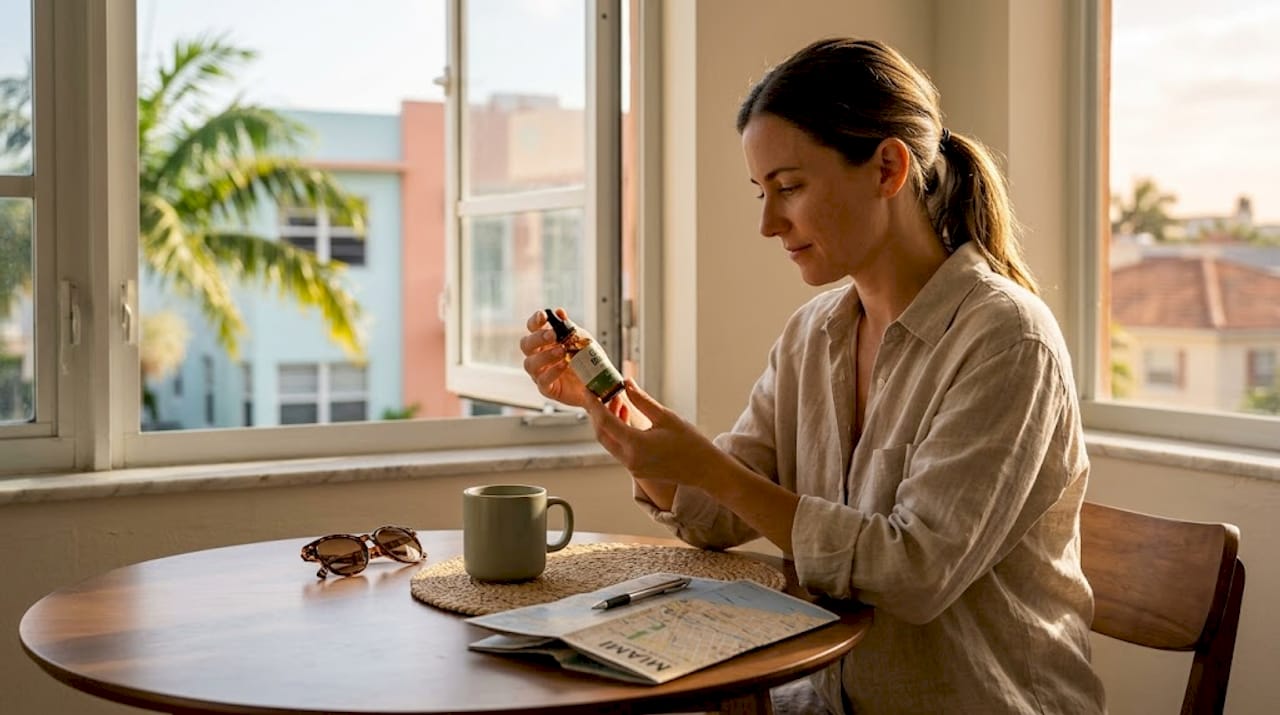 Woman checking CBD bottle at Miami home table