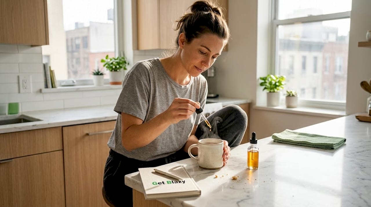 Woman using CBD oil in morning kitchen routine