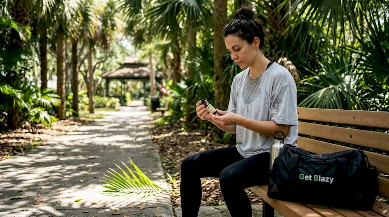 Woman checking CBD oil outdoors in Miami